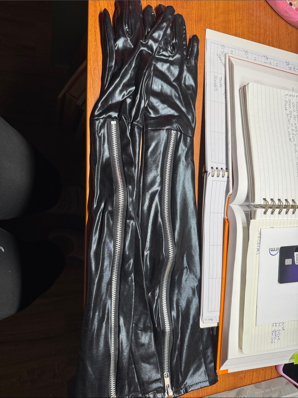 Long Black Faux Leather Gloves with Silver Zippers